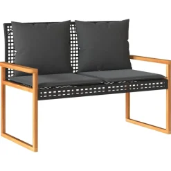 Loungebanken-vidaXL - Tuinbank met kussens - Zwart - Poly rattan en acaciahout - 119x61x79 cm