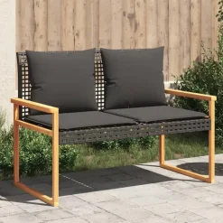 Loungebanken-vidaXL - Tuinbank met kussens - Zwart - Poly rattan en acaciahout - 119x61x79 cm