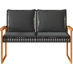Loungebanken-vidaXL - Tuinbank met kussens - Zwart - Poly rattan en acaciahout - 119x61x79 cm