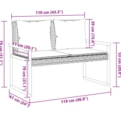 Loungebanken-vidaXL - Tuinbank met kussens - Zwart - Poly rattan en acaciahout - 119x61x79 cm