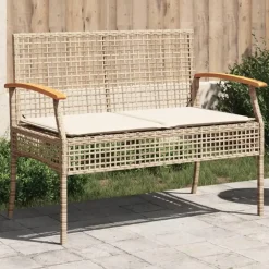 Loungebanken-vidaXL - Tuinbank met kussen - Beige - Poly rattan en acaciahout - 108x57x85 cm