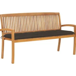 vidaXL - Tuinbank stapelbaar met taupe kussen - Teakhout - 159x57.5x90 cm