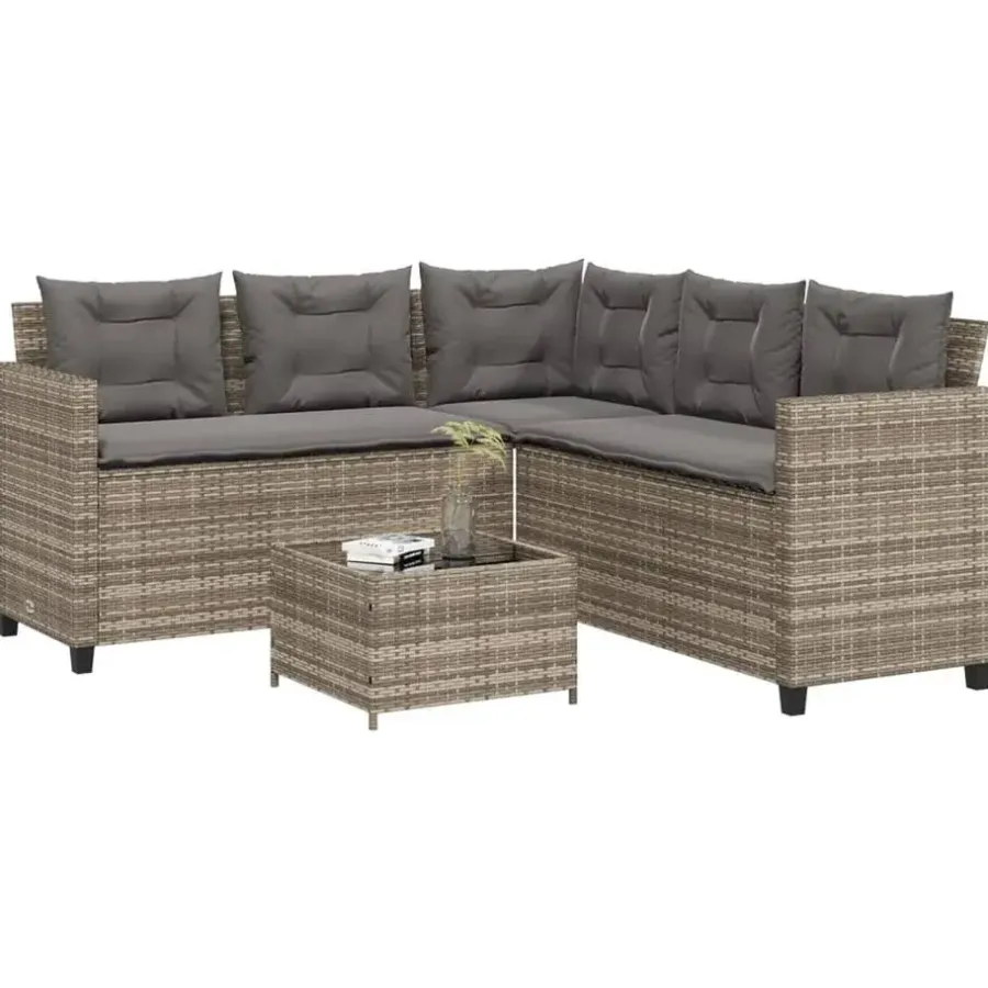 Loungesets-vidaXL - tuinbank voor 5 met kussens grijs poly rattan 3 stuks