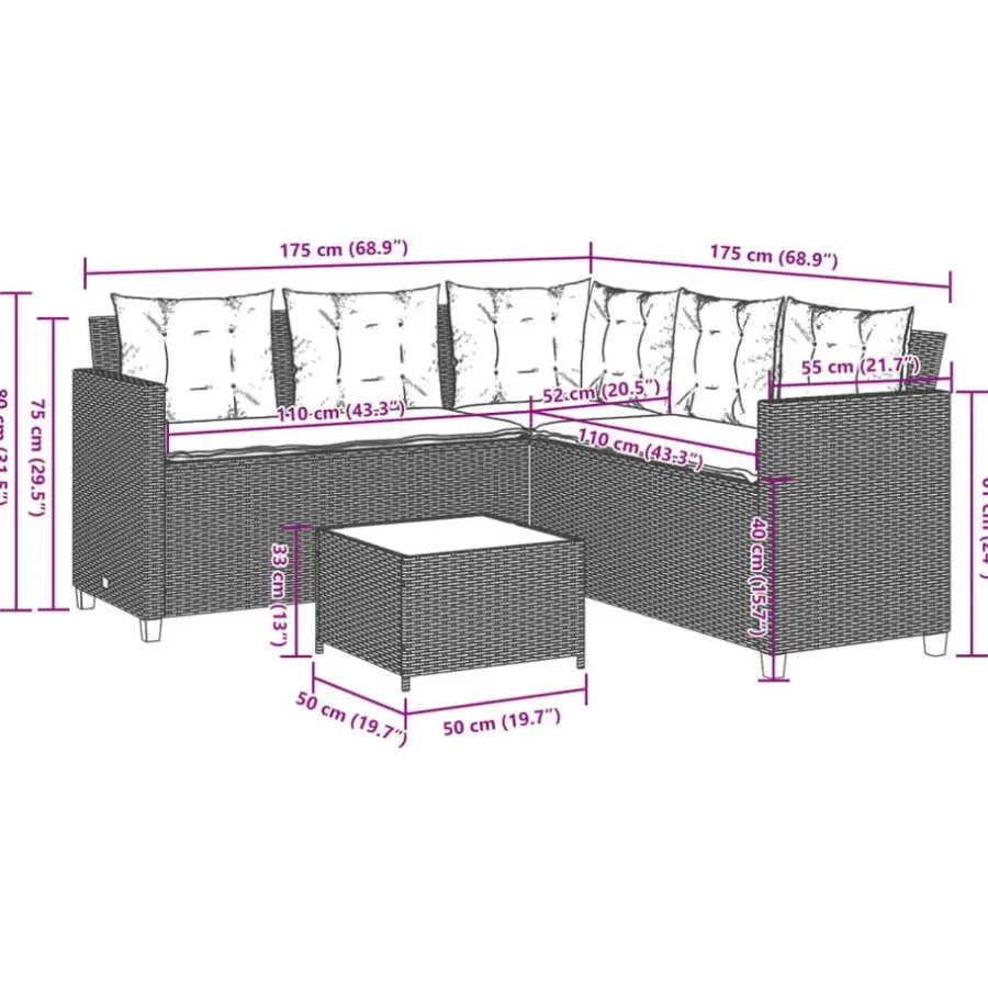 Loungesets-vidaXL - tuinbank voor 5 met kussens grijs poly rattan 3 stuks