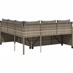 Loungesets-vidaXL - tuinbank voor 5 met kussens grijs poly rattan 3 stuks