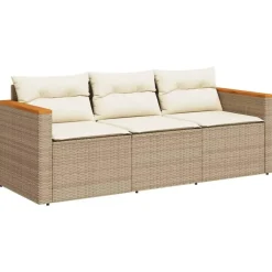 Loungebanken-vidaXL - Tuinbank 3-zits - Beige - Poly rattan - Met kussens