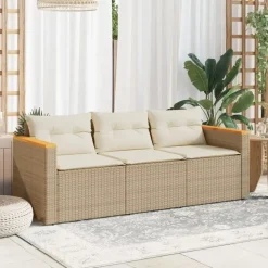 Loungebanken-vidaXL - Tuinbank 3-zits - Beige - Poly rattan - Met kussens
