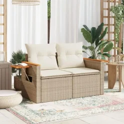 Loungebanken-vidaXL - Tuinbank 2-zits - Beige - Poly rattan - Met kussens