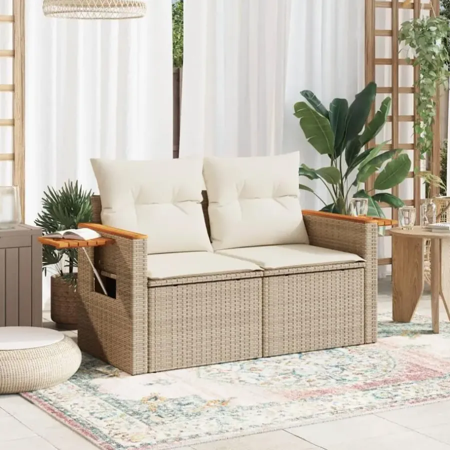 Loungebanken-vidaXL - Tuinbank 2-zits - Beige - Poly rattan - Met kussens