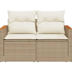 Loungebanken-vidaXL - Tuinbank 2-zits - Beige - Poly rattan - Met kussens