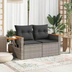 vidaXL - Tuinbank 2-zits - Grijs - Poly rattan - Met kussens