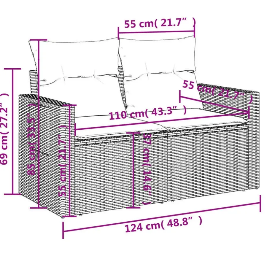 Loungebanken-vidaXL - Tuinbank 2-zits - Zwart - Poly rattan - Met kussens