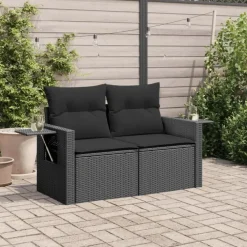Loungebanken-vidaXL - Tuinbank 2-zits - Zwart - Poly rattan - Met kussens