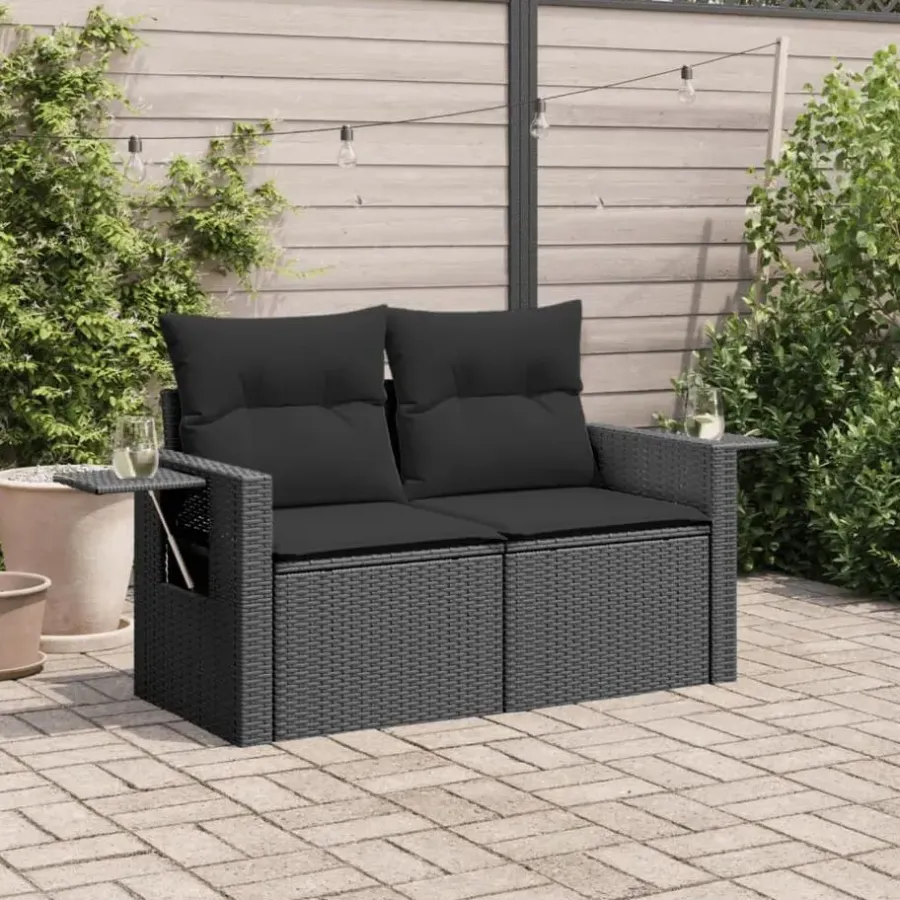 Loungebanken-vidaXL - Tuinbank 2-zits - Zwart - Poly rattan - Met kussens