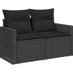 Loungebanken-vidaXL - Tuinbank 2-zits - Zwart - Poly rattan - Met kussens