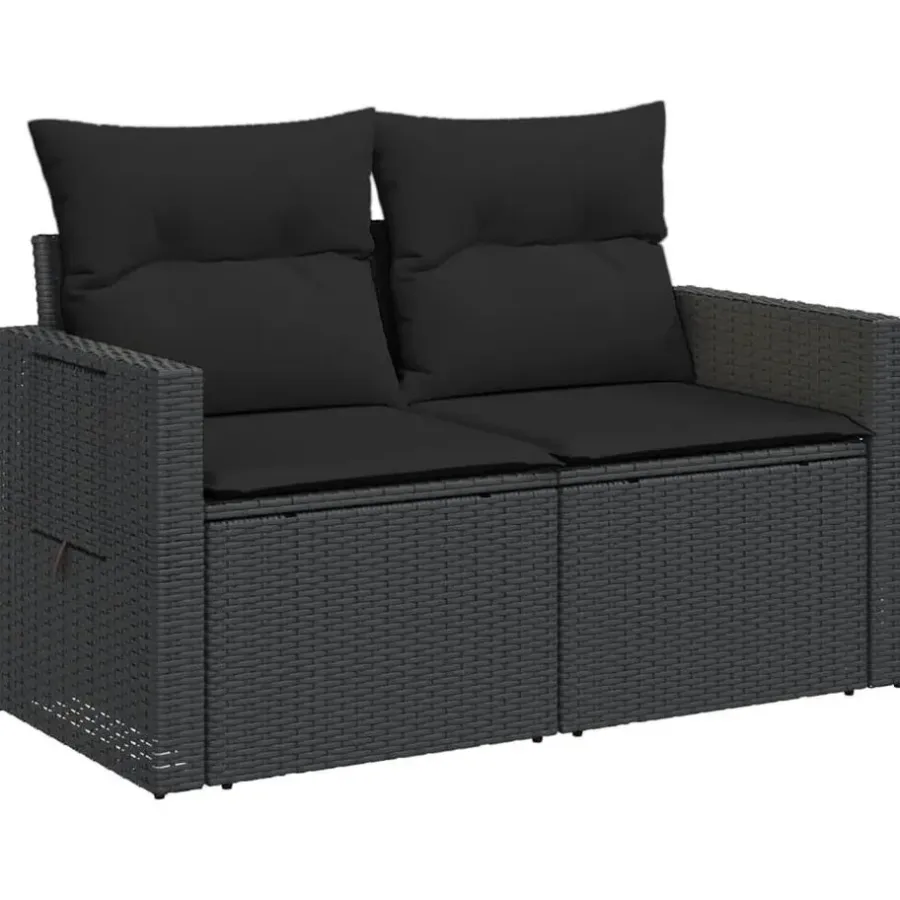 Loungebanken-vidaXL - Tuinbank 2-zits - Zwart - Poly rattan - Met kussens