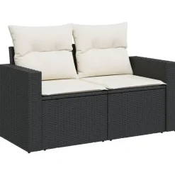 Loungebanken-vidaXL - Tuinbank 2-zits - Zwart - Poly rattan - Met kussens