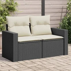 Loungebanken-vidaXL - Tuinbank 2-zits - Zwart - Poly rattan - Met kussens