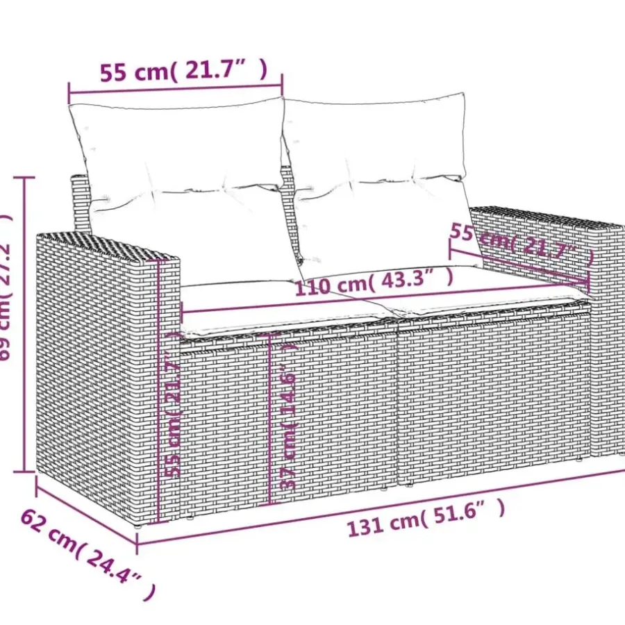 Loungebanken-vidaXL - Tuinbank 2-zits - Zwart - Poly rattan - Met kussens