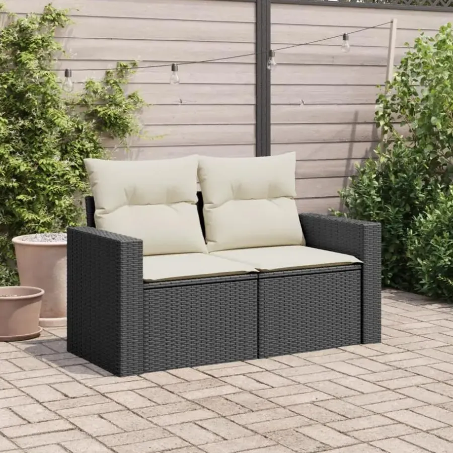 Loungebanken-vidaXL - Tuinbank 2-zits - Zwart - Poly rattan - Met kussens
