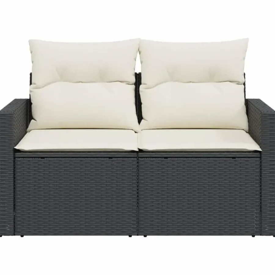 Loungebanken-vidaXL - Tuinbank 2-zits - Zwart - Poly rattan - Met kussens