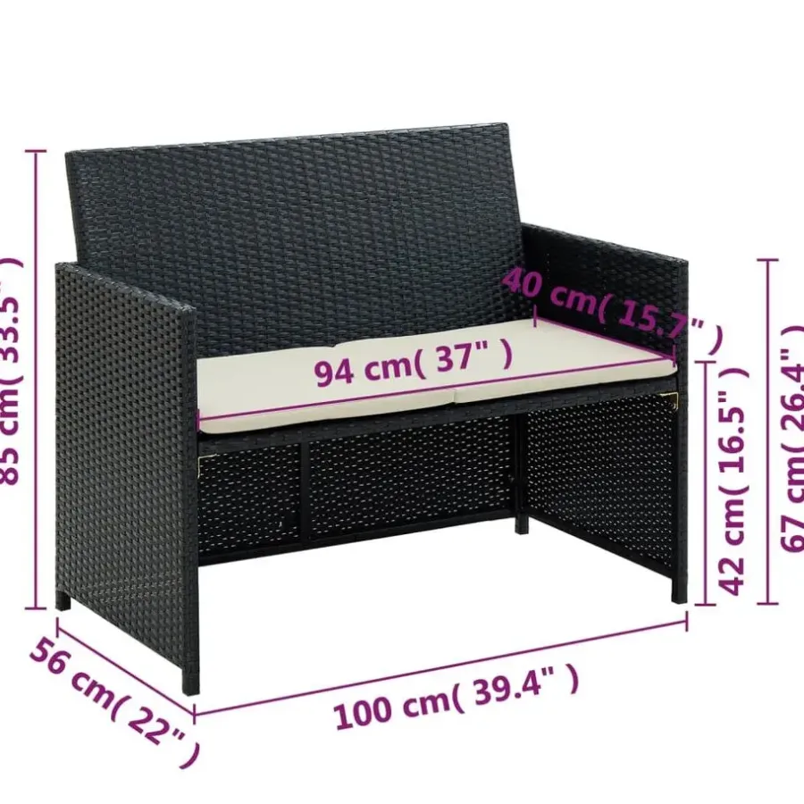vidaXL - Tuinbank 2-zits - Zwart - Poly rattan - Met kussens