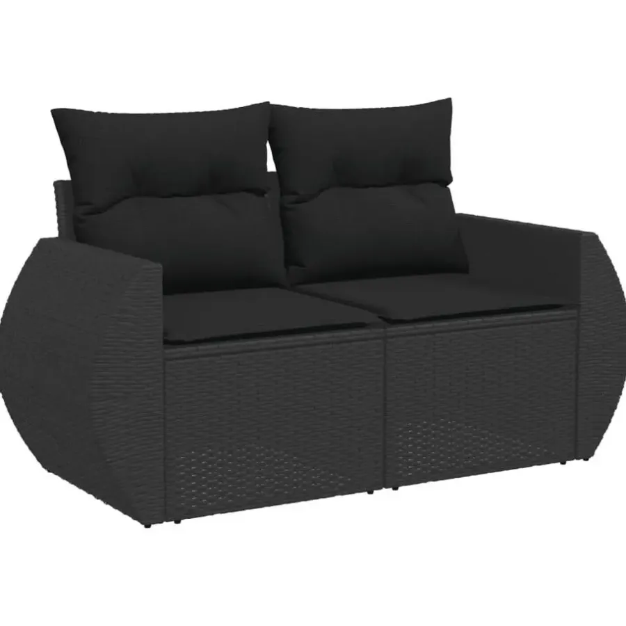 Loungebanken-vidaXL - Tuinbank 2-zits - Zwart - Poly rattan - Met kussens