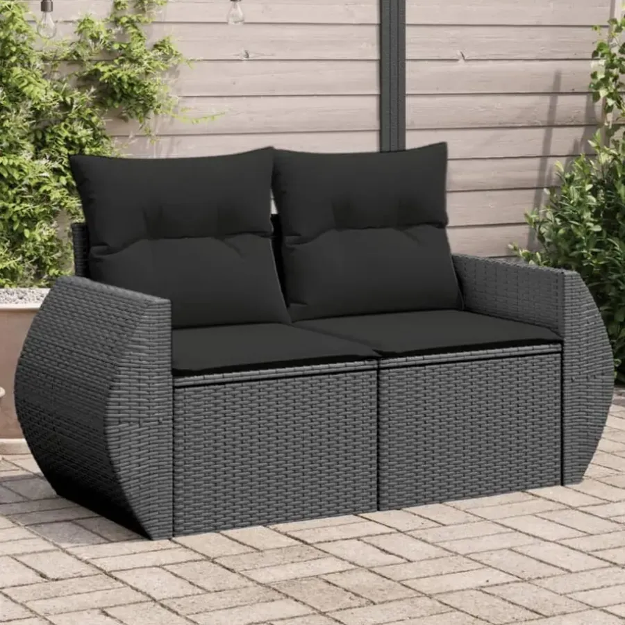 Loungebanken-vidaXL - Tuinbank 2-zits - Zwart - Poly rattan - Met kussens