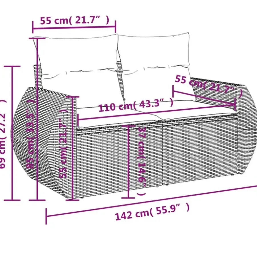Loungebanken-vidaXL - Tuinbank 2-zits - Zwart - Poly rattan - Met kussens