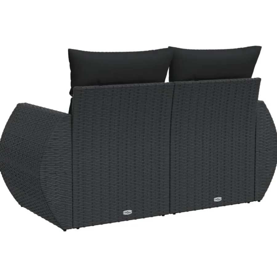 Loungebanken-vidaXL - Tuinbank 2-zits - Zwart - Poly rattan - Met kussens
