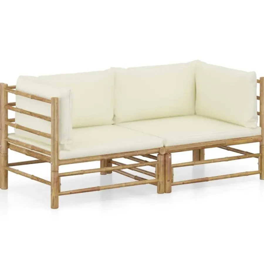 Loungebanken-vidaXL - Tuinset - Wit - Bamboe - 2 stuks - Met kussens