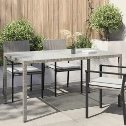 Tuintafels-vidaXL - Tuintafel - Grijs - Gehard glas en poly rattan - 150 x 90 x 75 cm