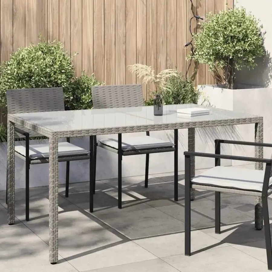 Tuintafels-vidaXL - Tuintafel - Grijs - Gehard glas en poly rattan - 150 x 90 x 75 cm