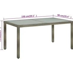 Tuintafels-vidaXL - Tuintafel - Grijs - Gehard glas en poly rattan - 150 x 90 x 75 cm