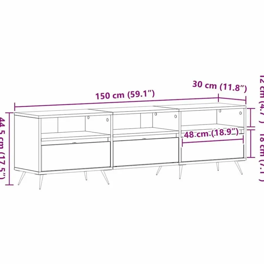 vidaXL - TV-meubel 3 vakken 3 deuren - Zwart eiken - Hout - 150x30x44.5 cm