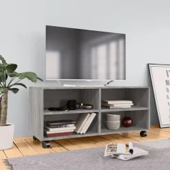 Tv Meubels-vidaXL - TV-meubel met wieltjes en 4 vakken - Grijs - Bewerkt hout - 90 cm