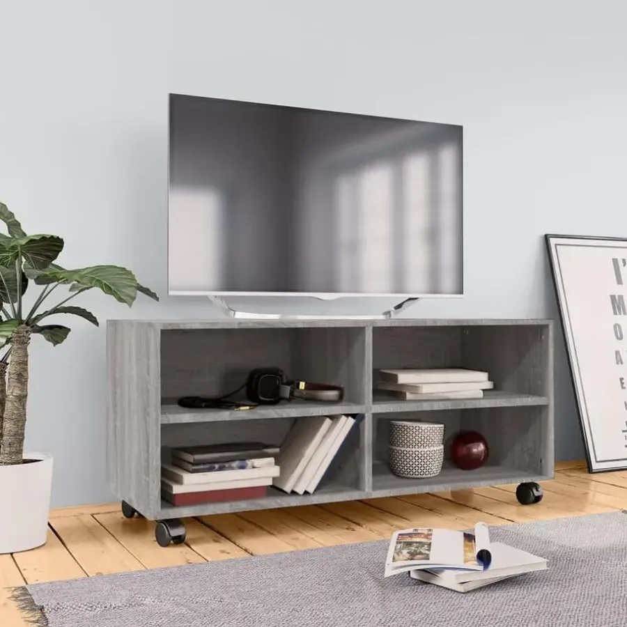Tv Meubels-vidaXL - TV-meubel met wieltjes en 4 vakken - Grijs - Bewerkt hout - 90 cm