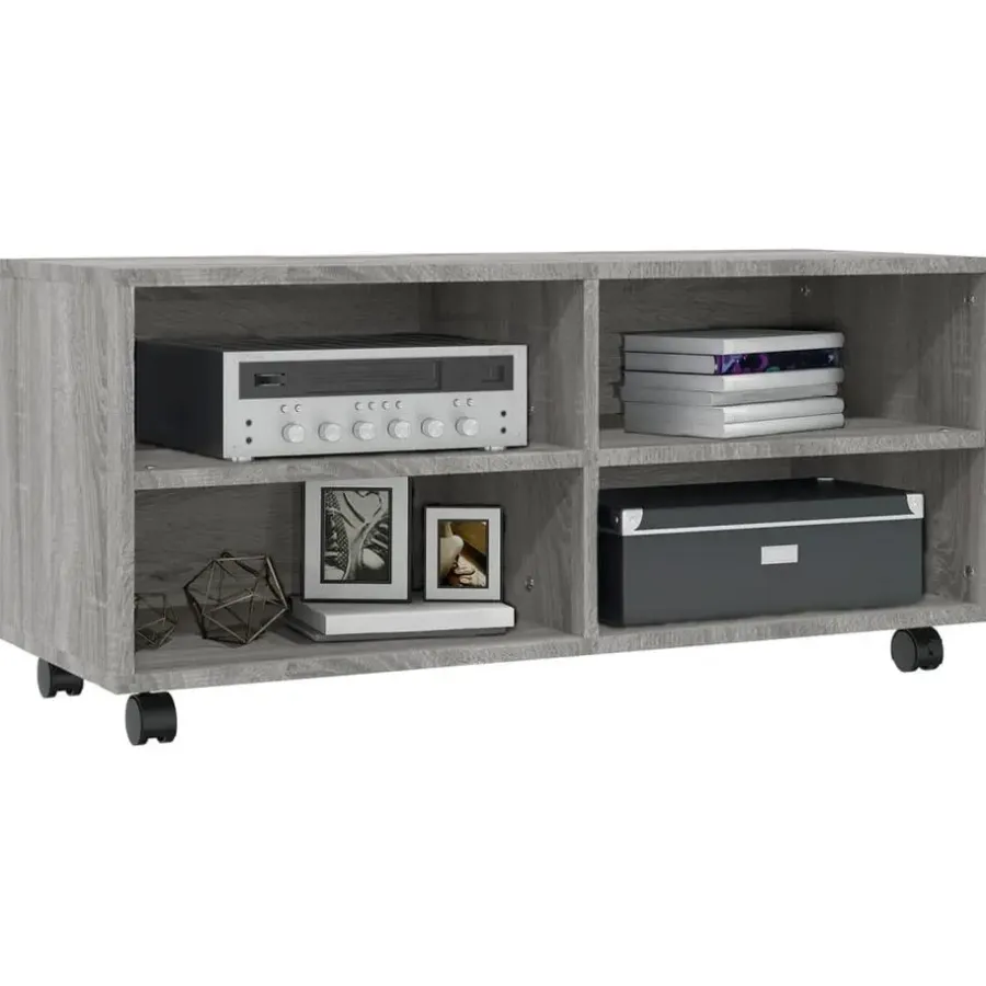 Tv Meubels-vidaXL - TV-meubel met wieltjes en 4 vakken - Grijs - Bewerkt hout - 90 cm