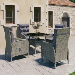 Tuinsets-vidaXL - Verstelbaar Tuinset met grijs kussens - Poly rattan en glas - 5 stuks