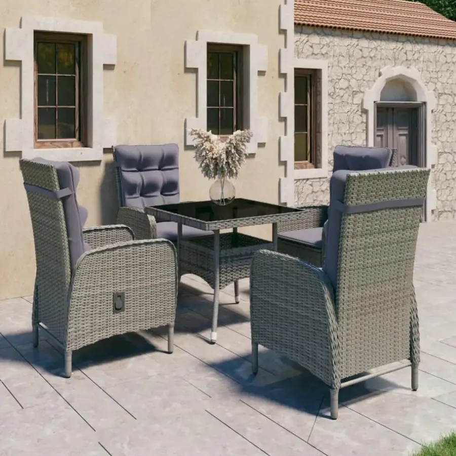 Tuinsets-vidaXL - Verstelbaar Tuinset met grijs kussens - Poly rattan en glas - 5 stuks