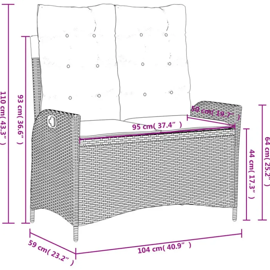 vidaXL - Verstelbare loungebank met kussens - Zwart - Poly rattan - 104x59x93 cm