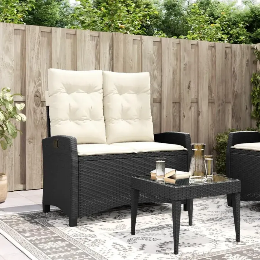 Loungebanken-vidaXL - Verstelbare loungebank met crème kussens - Zwart rattan - 105x66x93 cm