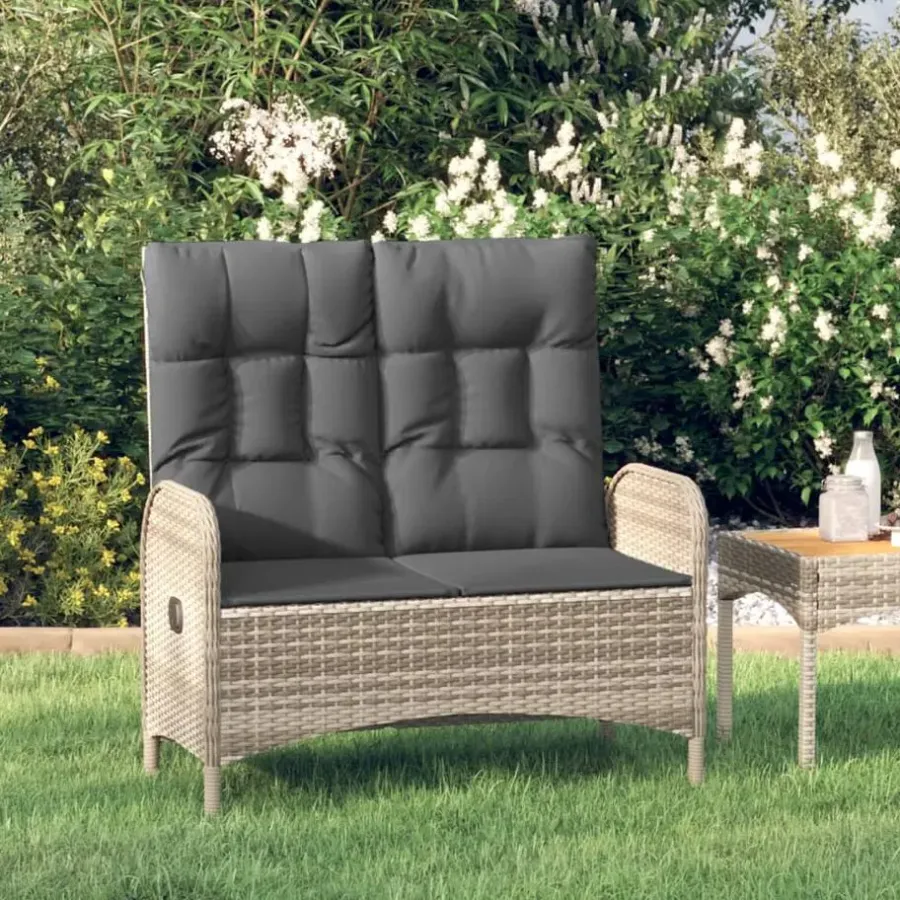 vidaXL - Verstelbare tuinbank met kussens 107 cm - Grijs - Poly rattan