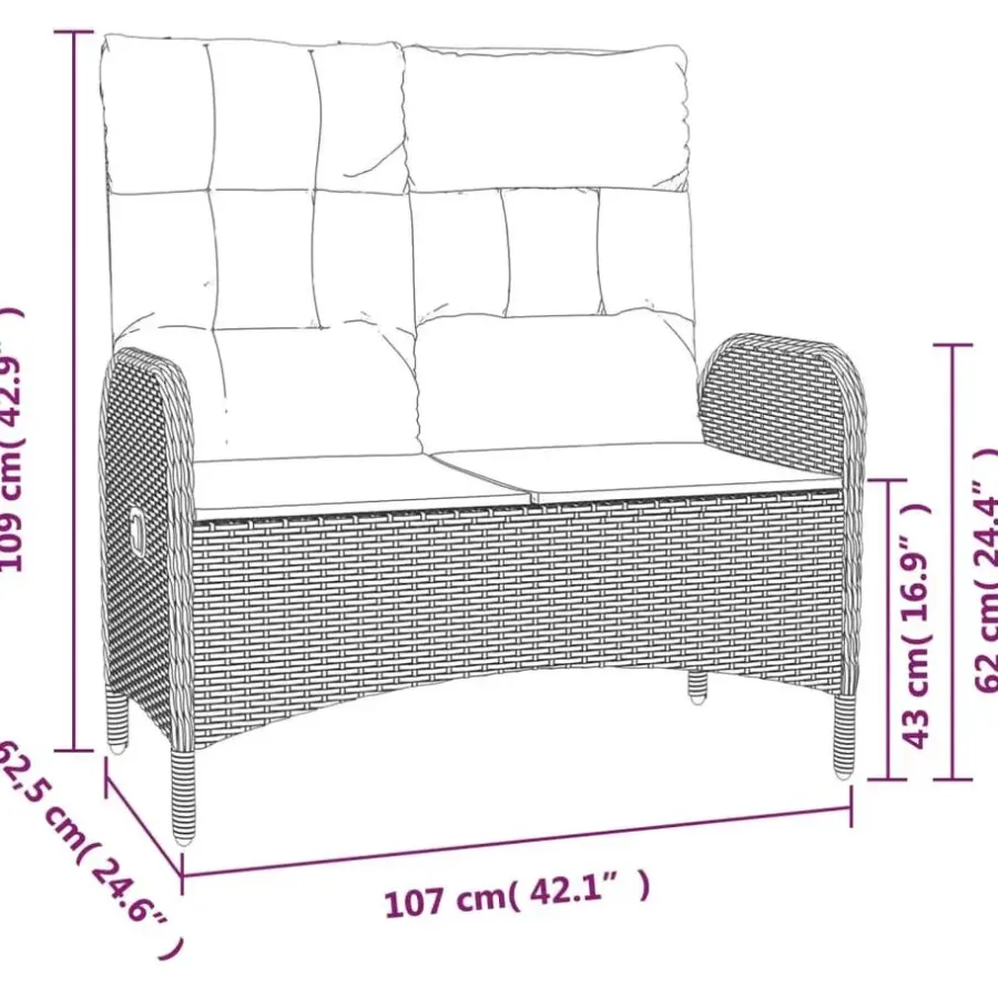 vidaXL - Verstelbare tuinbank met kussens 107 cm - Grijs - Poly rattan