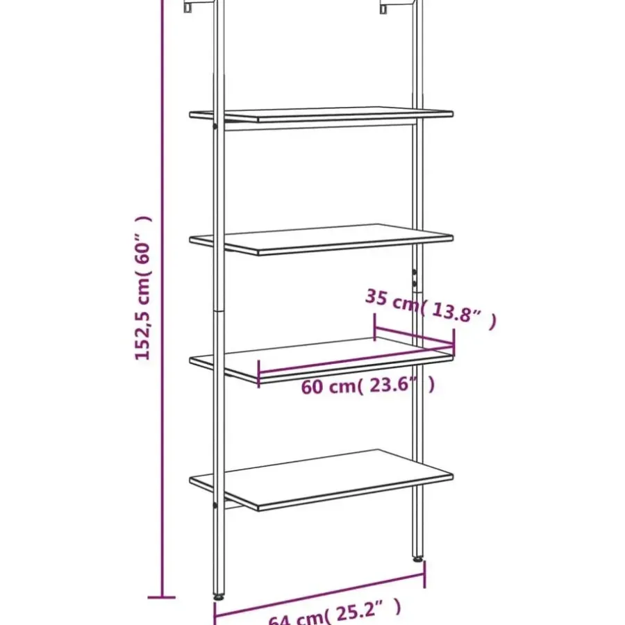 Wandrekken-vidaXL - Wandrek met 4 schappen - Lichtbruin - Bewerkt hout - 64 x 35 x 152.5 cm