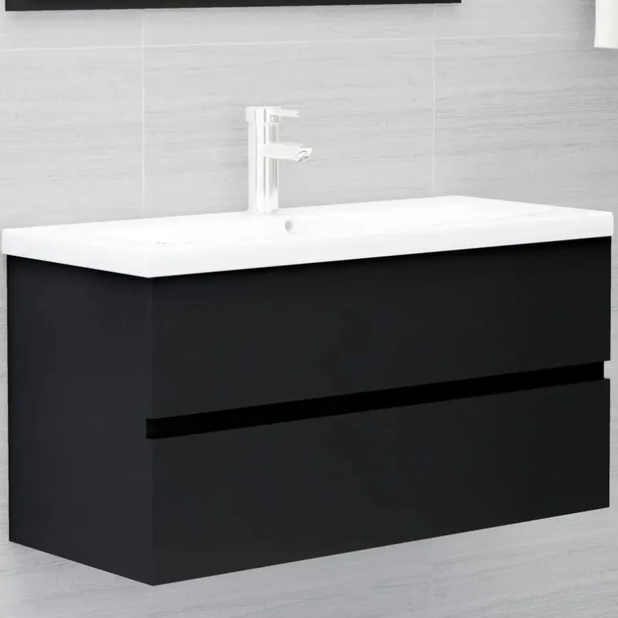 vidaXL - Wastafelkast En Wastafel - Zwart - Bewerkt hout - 90 x 38.5 x 45 cm