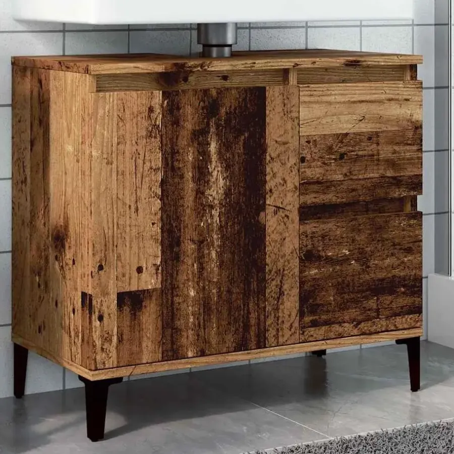 Wastafelkasten-vidaXL - Wastafelonderkast - 1 deur 2 lades - Oud hout - Hout - 65x33x60 cm