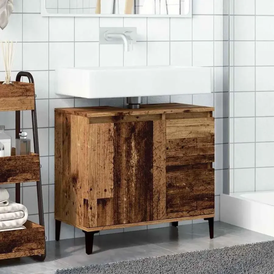 Wastafelkasten-vidaXL - Wastafelonderkast - 1 deur 2 lades - Oud hout - Hout - 65x33x60 cm