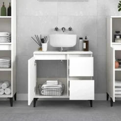 Wastafelkasten-vidaXL - Wit Wastafelonderkast - 1 deur 2 lades - Hout en metaal - 65x33x60 cm