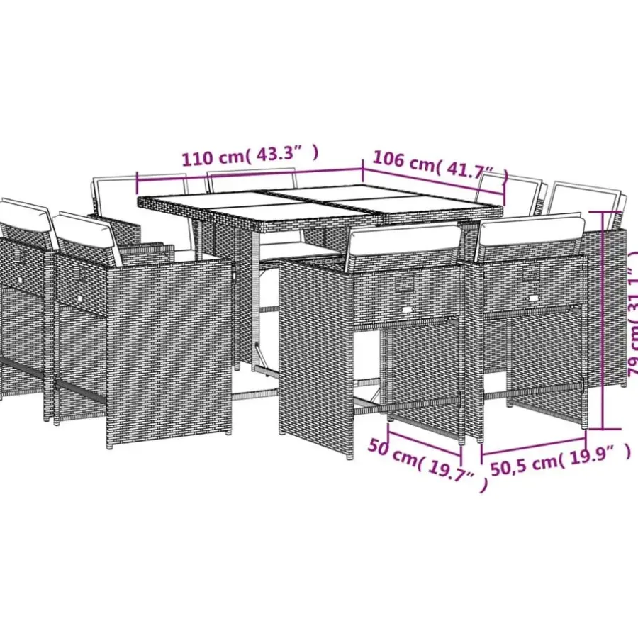 Tuinsets-vidaXL - 8-zits Tuinset donkergrijs kussens - Grijs - PE rattan - 110x106 cm